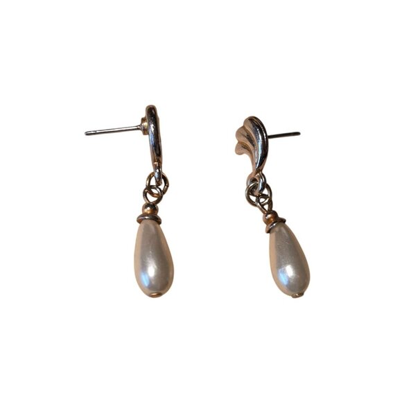Vintage Faux Pearl Drop Earrings With Gold-Tone Metal & Wave Design - Picture 1 of 4
